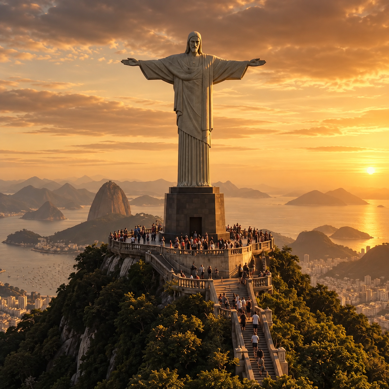 Christ the Redeemer overlooking Rio de Janeiro at golden hour