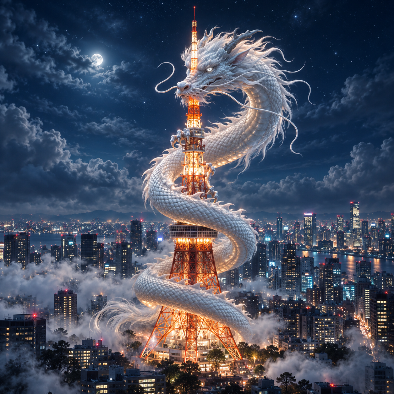 A luminous white dragon coiled around Tokyo Tower above the city at night