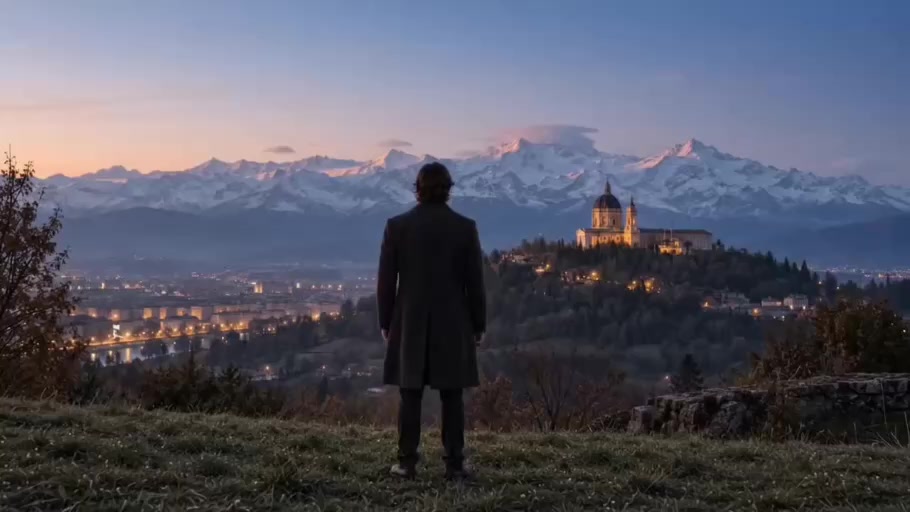A traveler overlooking the Basilica di Superga near Turin